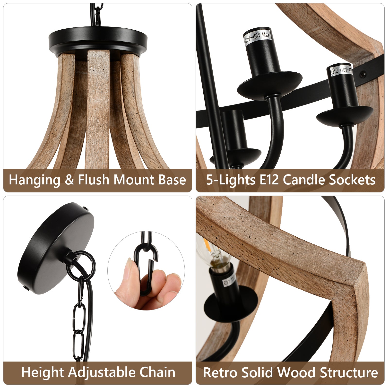 Farmhouse Wood Chandelier Light Fixtures 19"  - Brown
