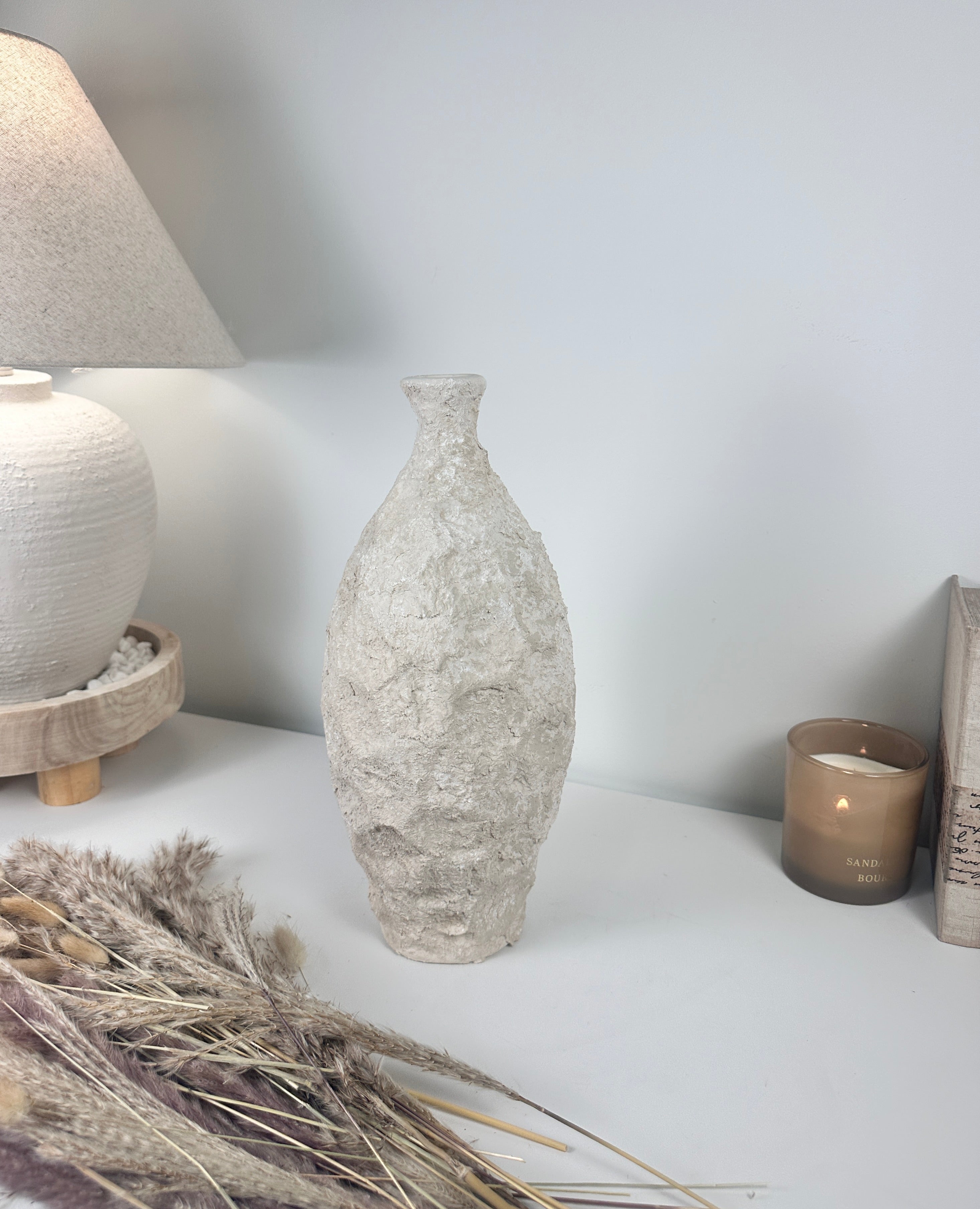 Minimalist Geometric Hand-Painted/Textured Ceramic Vase 14.5" - Cream washed