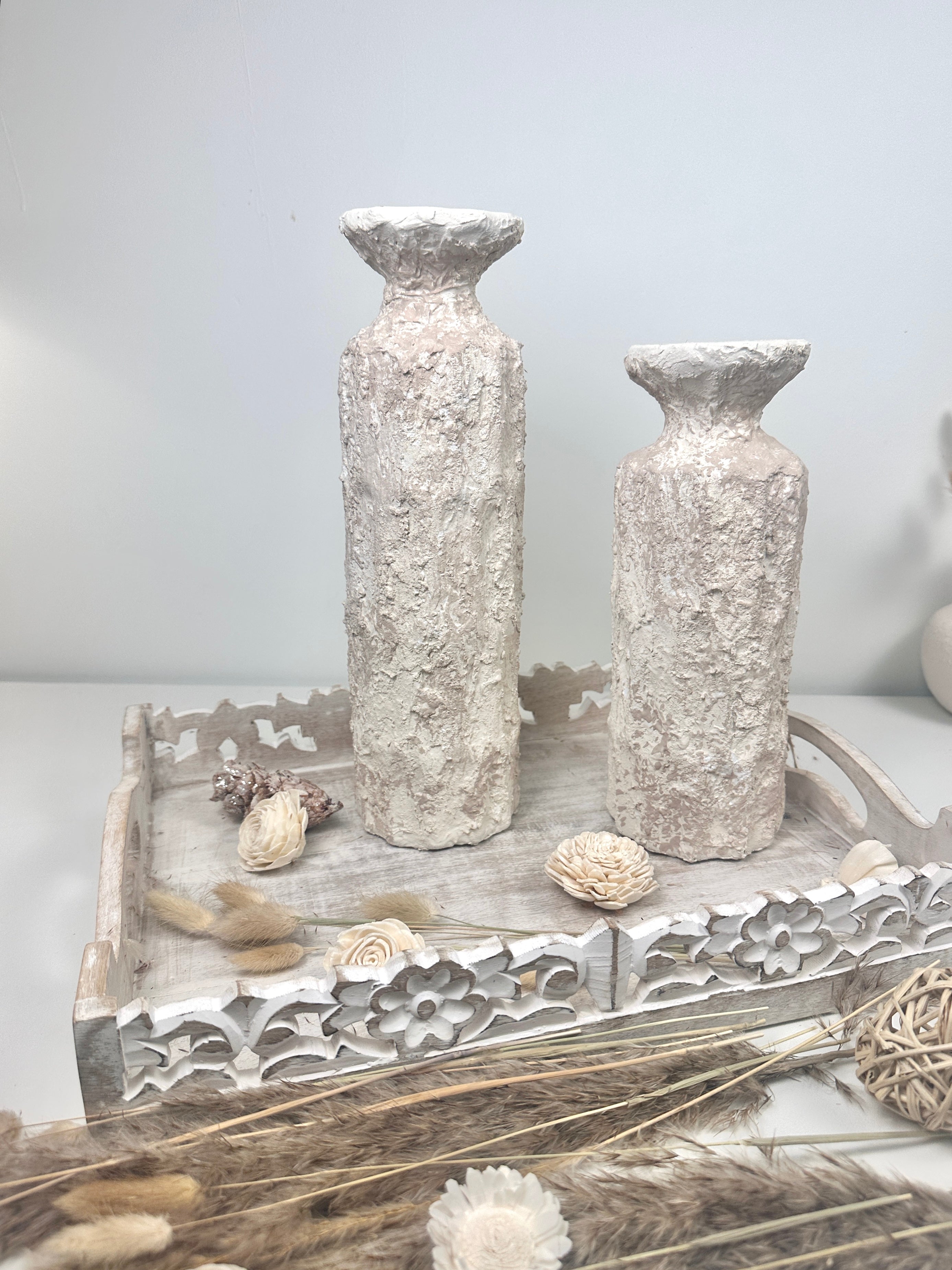 Minimalist Set of 2 Candle Holders Textured Hand-Painted - Cream Sand (10.5x4x4", 13x4x4")
