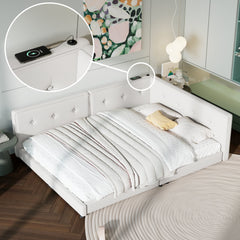 Upholstered Full Size platform bed with USB Ports, Beige