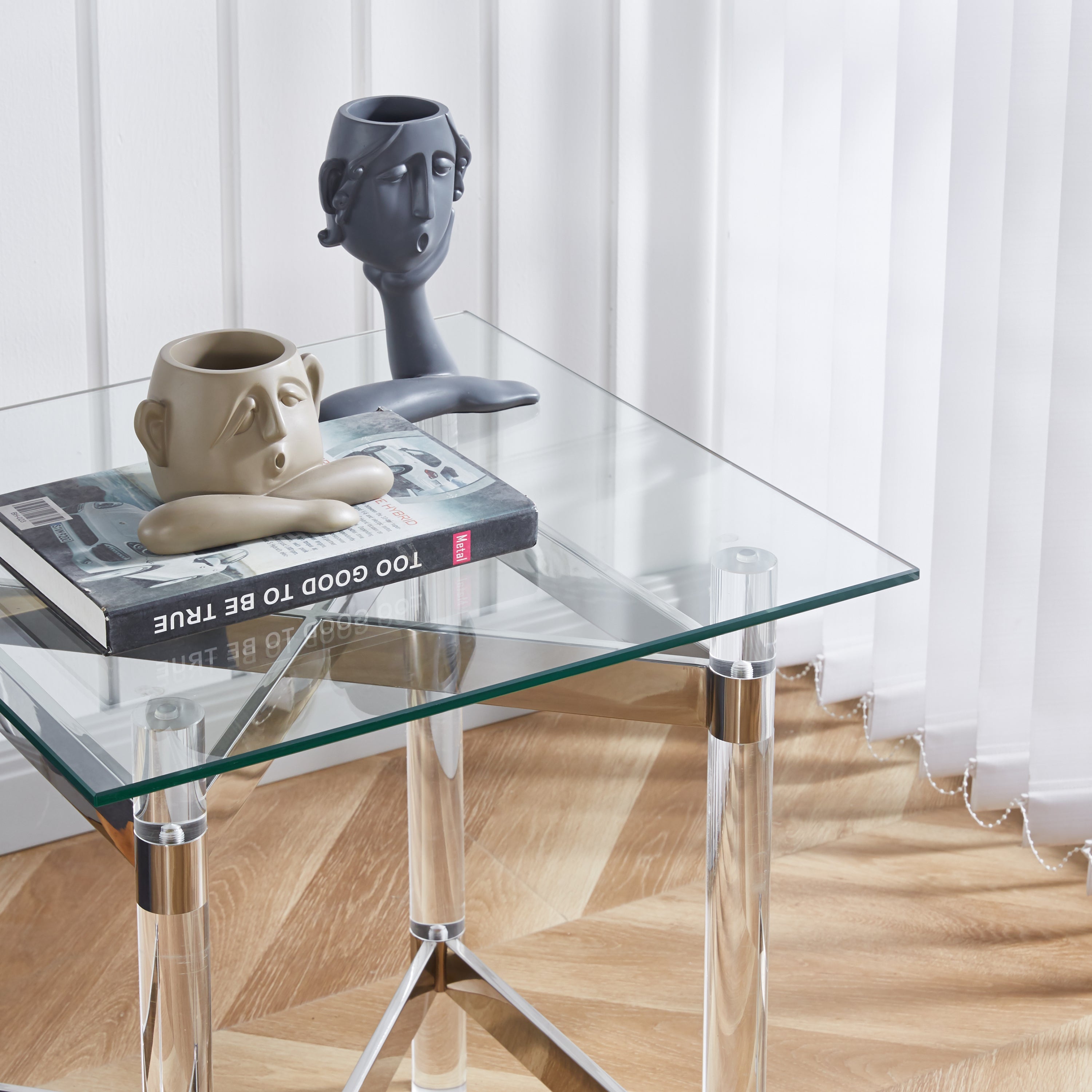 Silver Stainless Steel With Acrylic Frame Clear Glass Top End Table