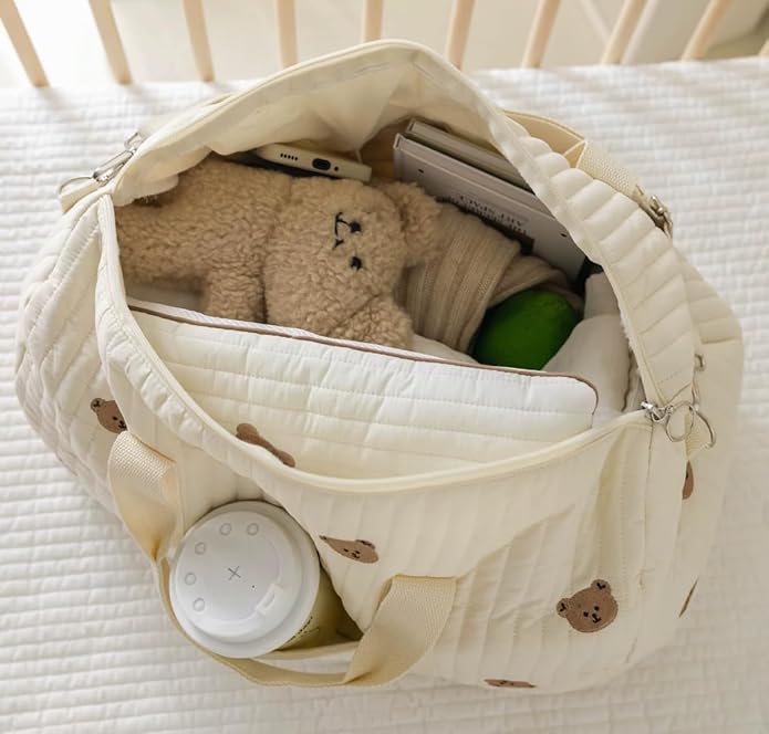 Quilted Diaper Bag with Bear Pattern, Large Capacity Travel Tote, Beige
