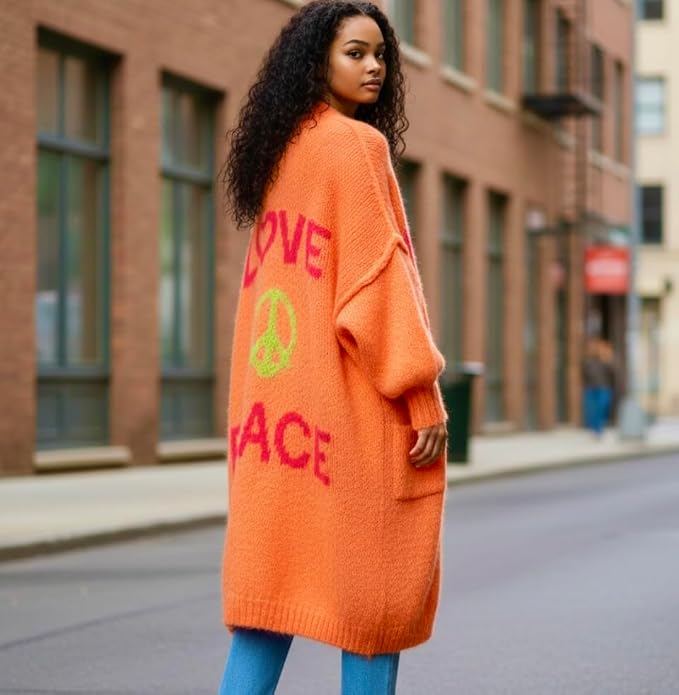 Cozy Women's Love Peace Graphic Oversized Cardigan Long Sleeve