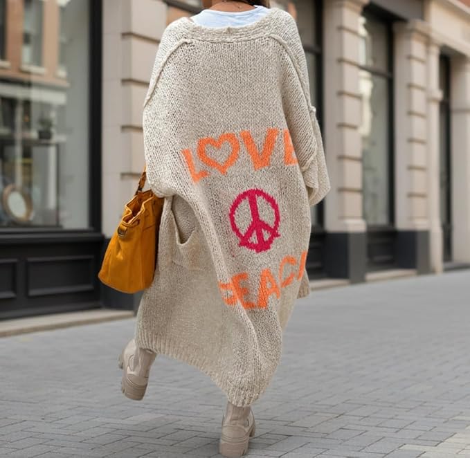Cozy Women's Love Peace Graphic Oversized Cardigan Long Sleeve