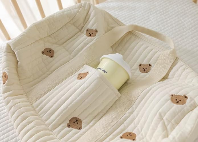 Quilted Diaper Bag with Bear Pattern, Large Capacity Travel Tote, Beige