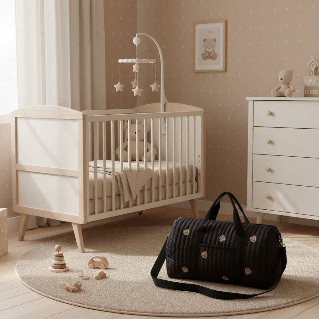 Cozy Quilted Baby Diaper Bag with Bear Pattern, Large Capacity Travel Tote 18“Lx6”Wx12“H