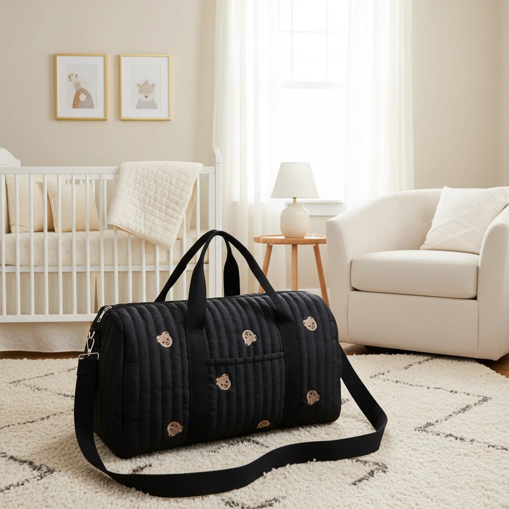 Cozy Quilted Baby Diaper Bag with Bear Pattern, Large Capacity Travel Tote 18“Lx6”Wx12“H