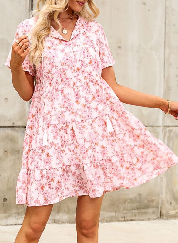 Womens Spring Summer Casual Flowy Boho Floral Mini Dress Trendy V Neck - Pink