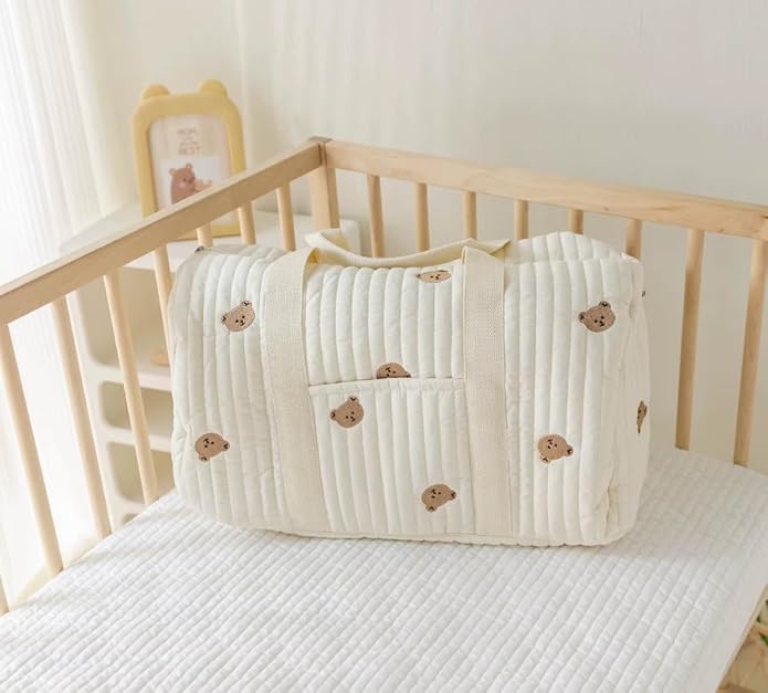 Quilted Diaper Bag with Bear Pattern, Large Capacity Travel Tote, Beige