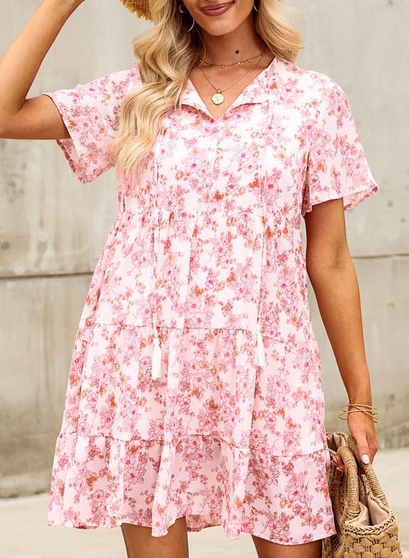 Womens Spring Summer Casual Flowy Boho Floral Mini Dress Trendy V Neck - Pink