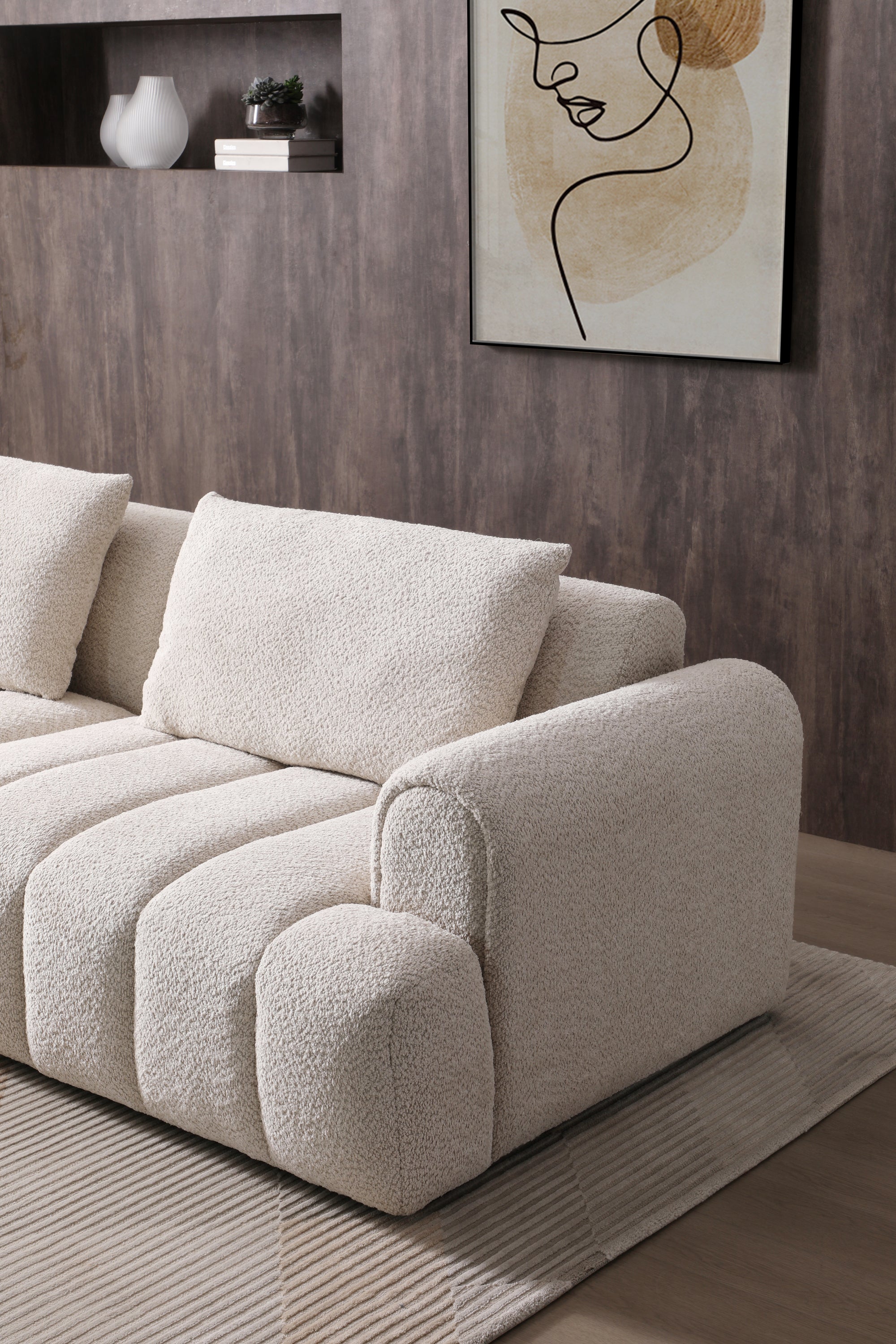 Modern Sectional Sofa, 4-Seater, Granular Fleece Velvet -Beige