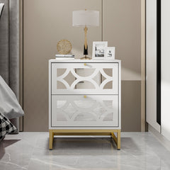 Set of 2 - Small Bedside Table with 2 Drawers, White Mirrored Nightstand with Gold Legs