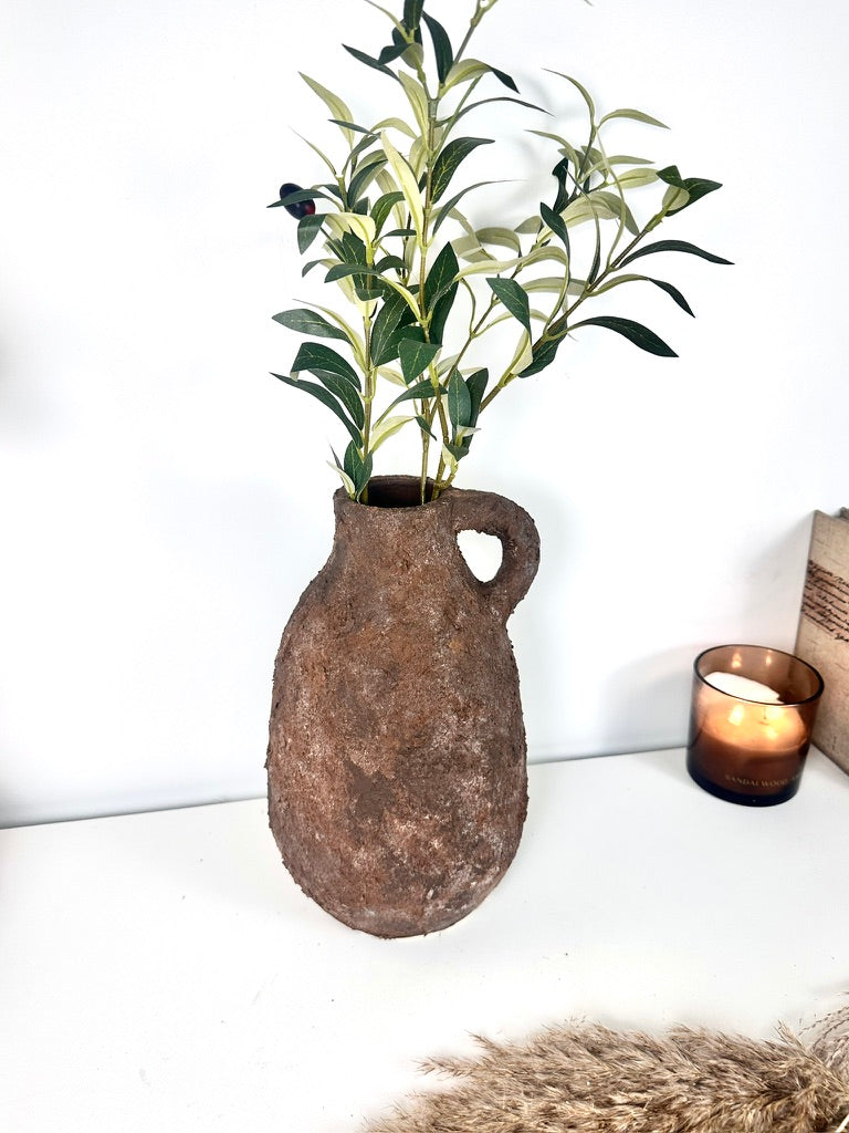 Rustic Tree Style Ceramic Vase Textured Handcrafted 12" tall - Dark Brown