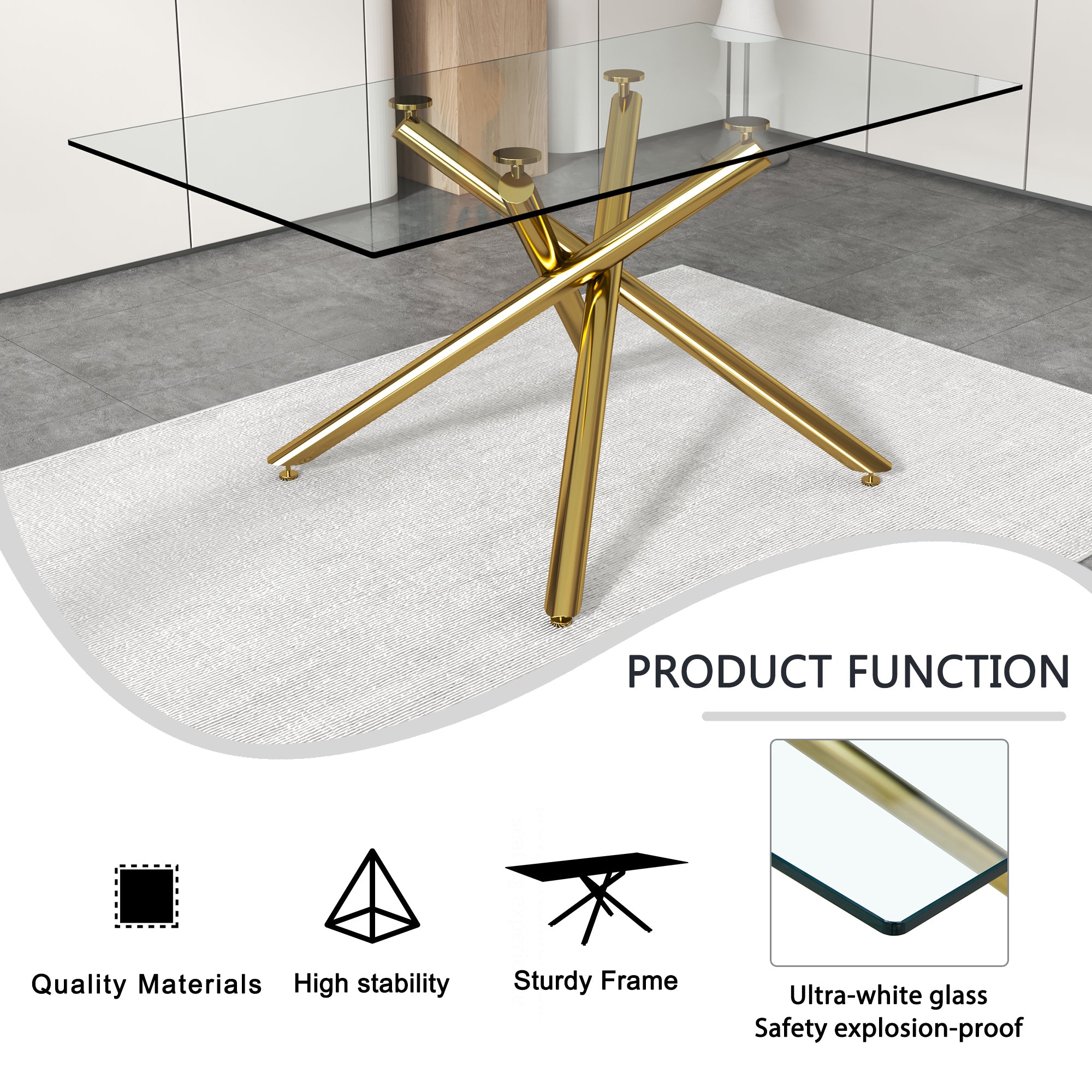 Modern Minimalist Rectangular Glass Dining Table for 6-8 with 0.39" Tempered Glass Tabletop and Silver Chrome Metal Legs - Golden
