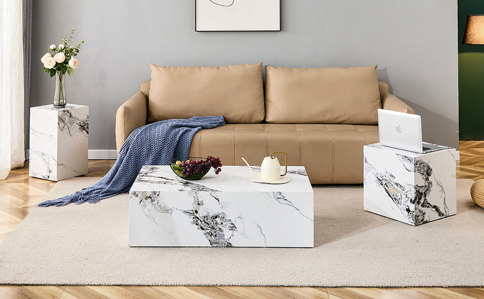 Modern Coffee Table with Marble Pattern - White