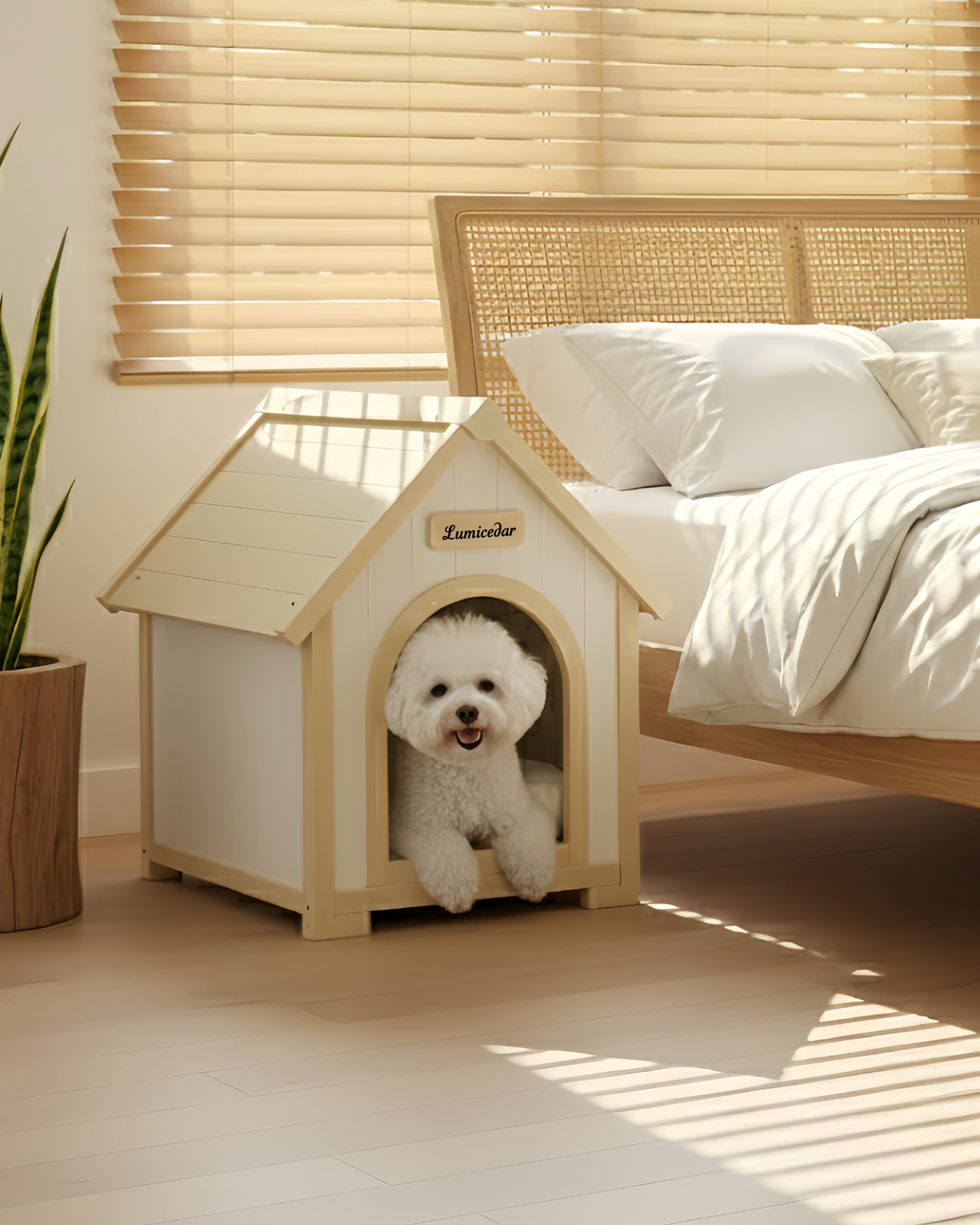 FSC Solid Cedar Pet House – Cream Yellow Cabin Style Indoor Shelter for Small Dogs & Cats