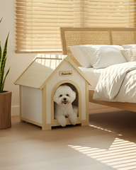 FSC Solid Cedar Pet House – Cream Yellow Cabin Style Indoor Shelter for Small Dogs & Cats