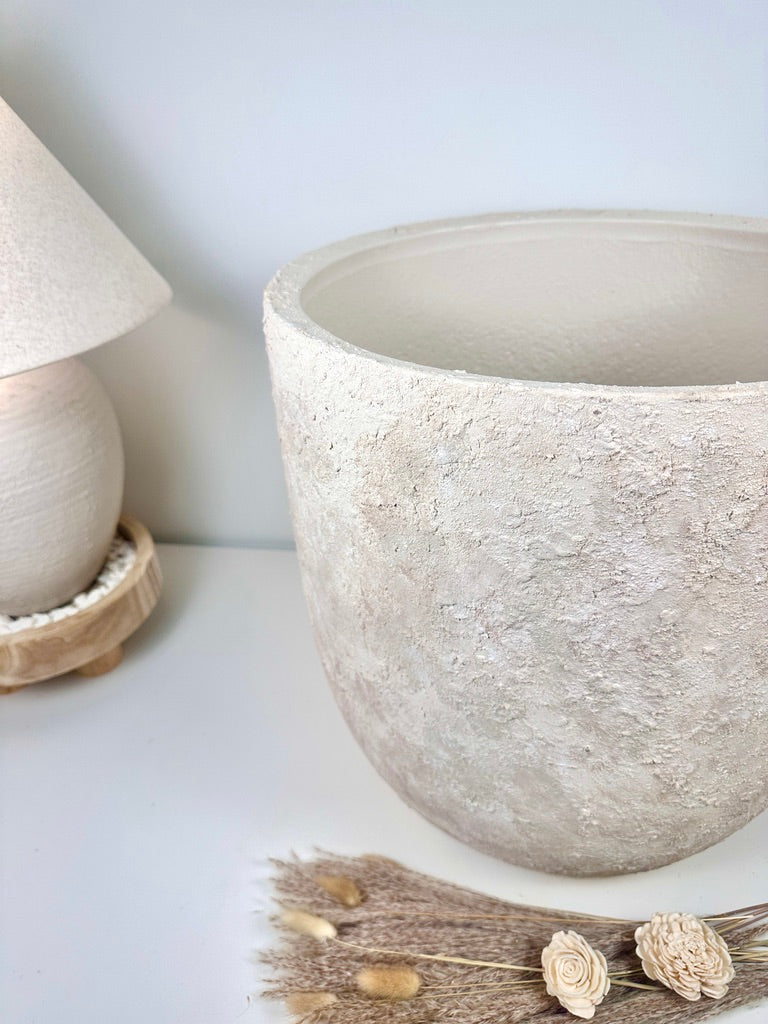 17" tall Minimalist Hand-Painted & Textured Planter Pot with Drainage Hole one time creation - cream sand wash