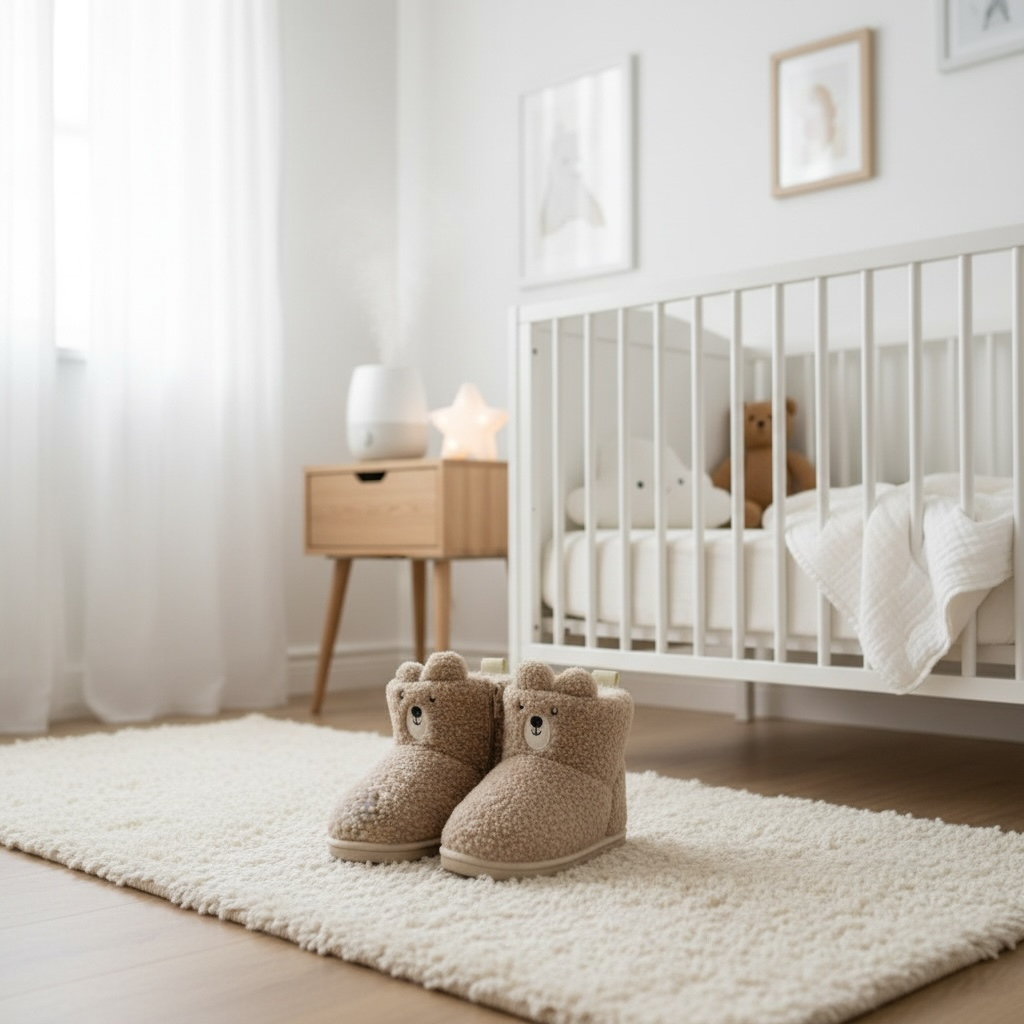 Cozy Winter Sherpa Fleece Bootie Slippers, Plush Lined Indoor House Bear Shoes for Toddlers, Beige