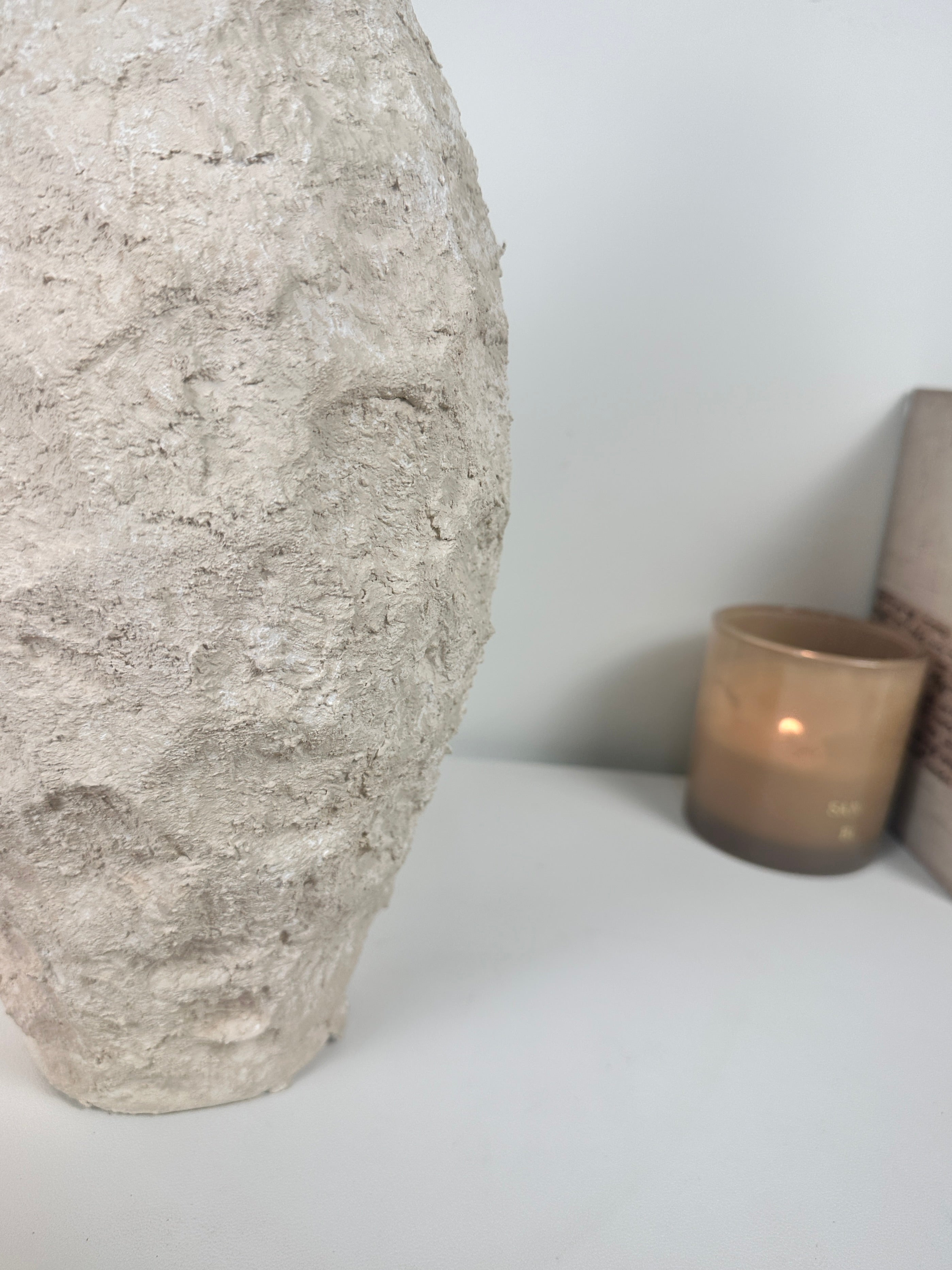 Minimalist Geometric Hand-Painted/Textured Ceramic Vase 14.5" - Cream washed