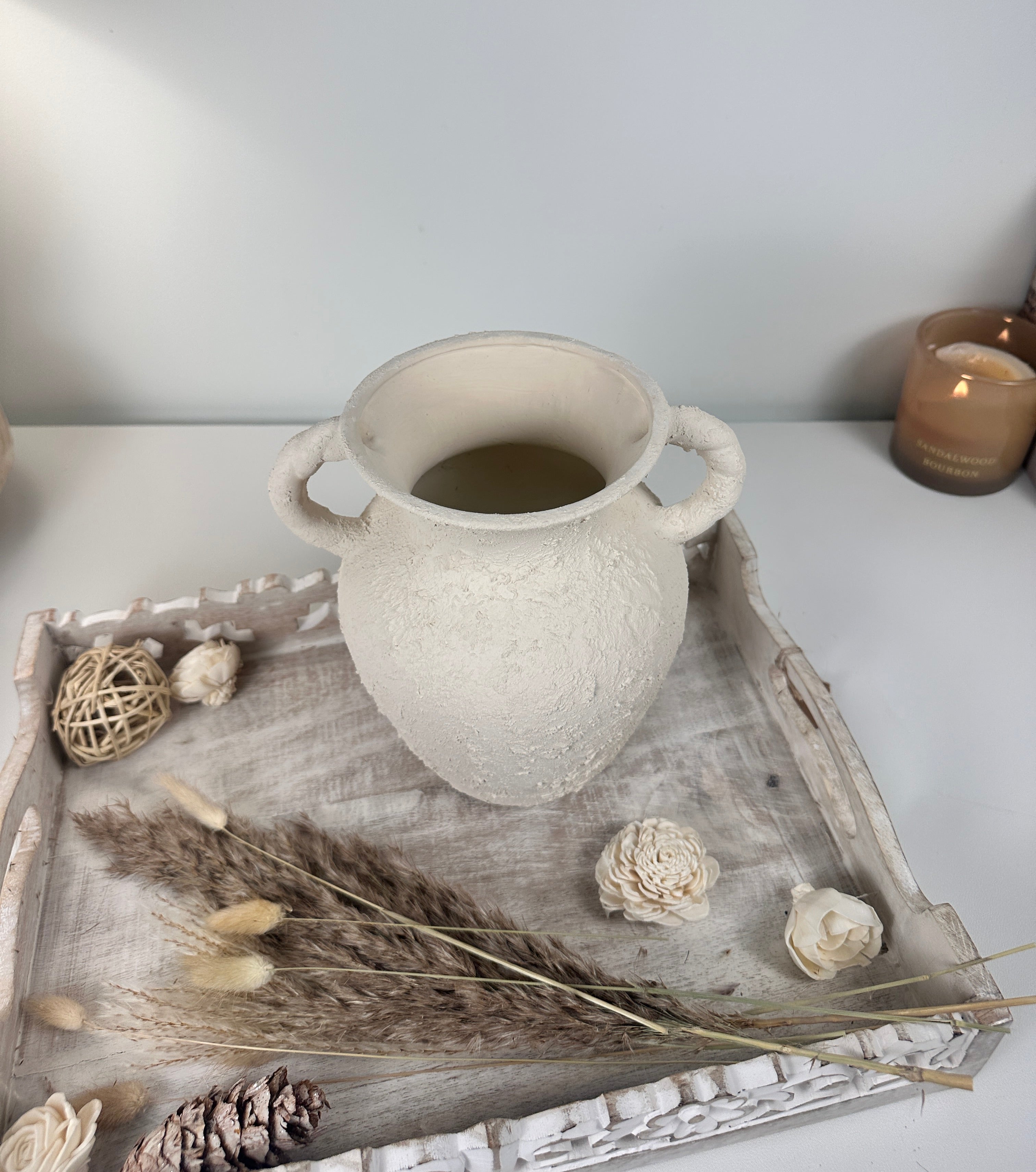 Minimalist Hand-Painted/Textured Ceramic Vase with 2 handles - 9" tall - Cream