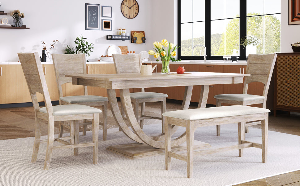 Modern Style 6-Piece Wood Half Round Dining Table Set with Long Bench and 4 Dining Chairs - Natural