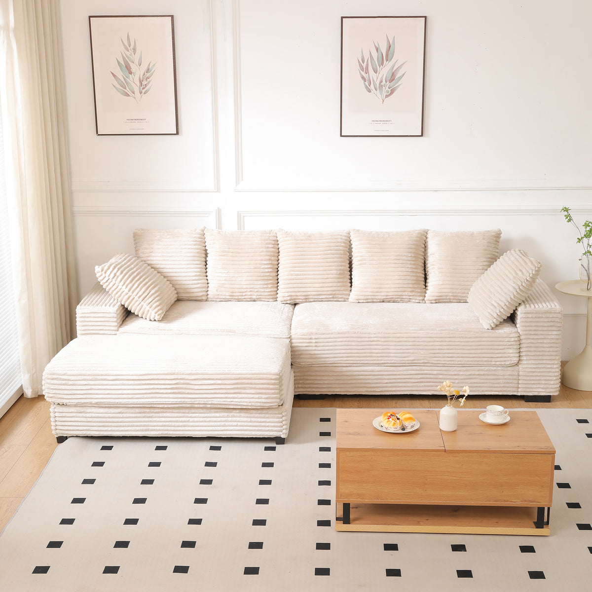 108.6' Sectional Sofa, Thickened Corduroy Sectional Couches For Living Room,comfortable L-shaped Chaise Sectional Sofa With Storage Ottoman,Eight Throw Pillows,Beige