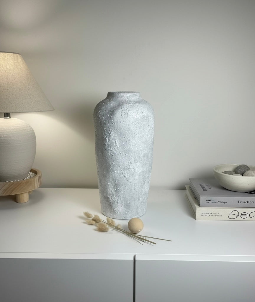 Minimalist Floor Vase or Table Vase Textured Ceramic White/Light Grey 17"Tall