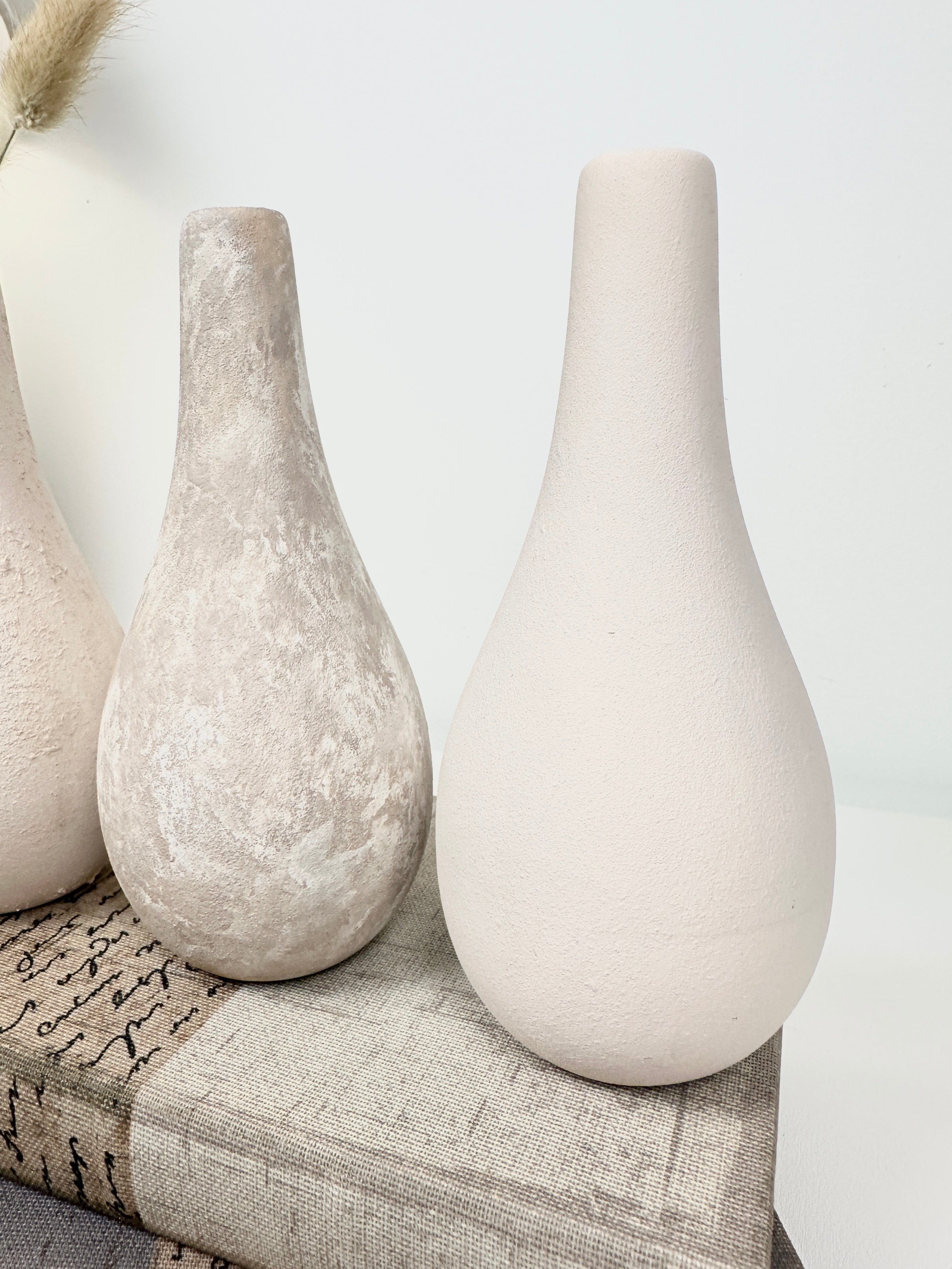 Handcrafted Set of 3 Small Vases 6" tall Cream/ Beige Washed/ Textured Cream