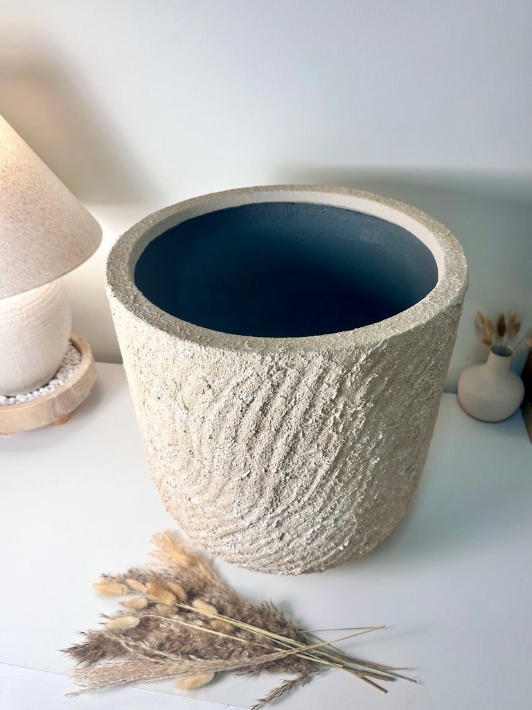 Minimalist Hand-Painted & Textured Planter Pot 17.5" tall with drainage hole one time creation - cream sand washed