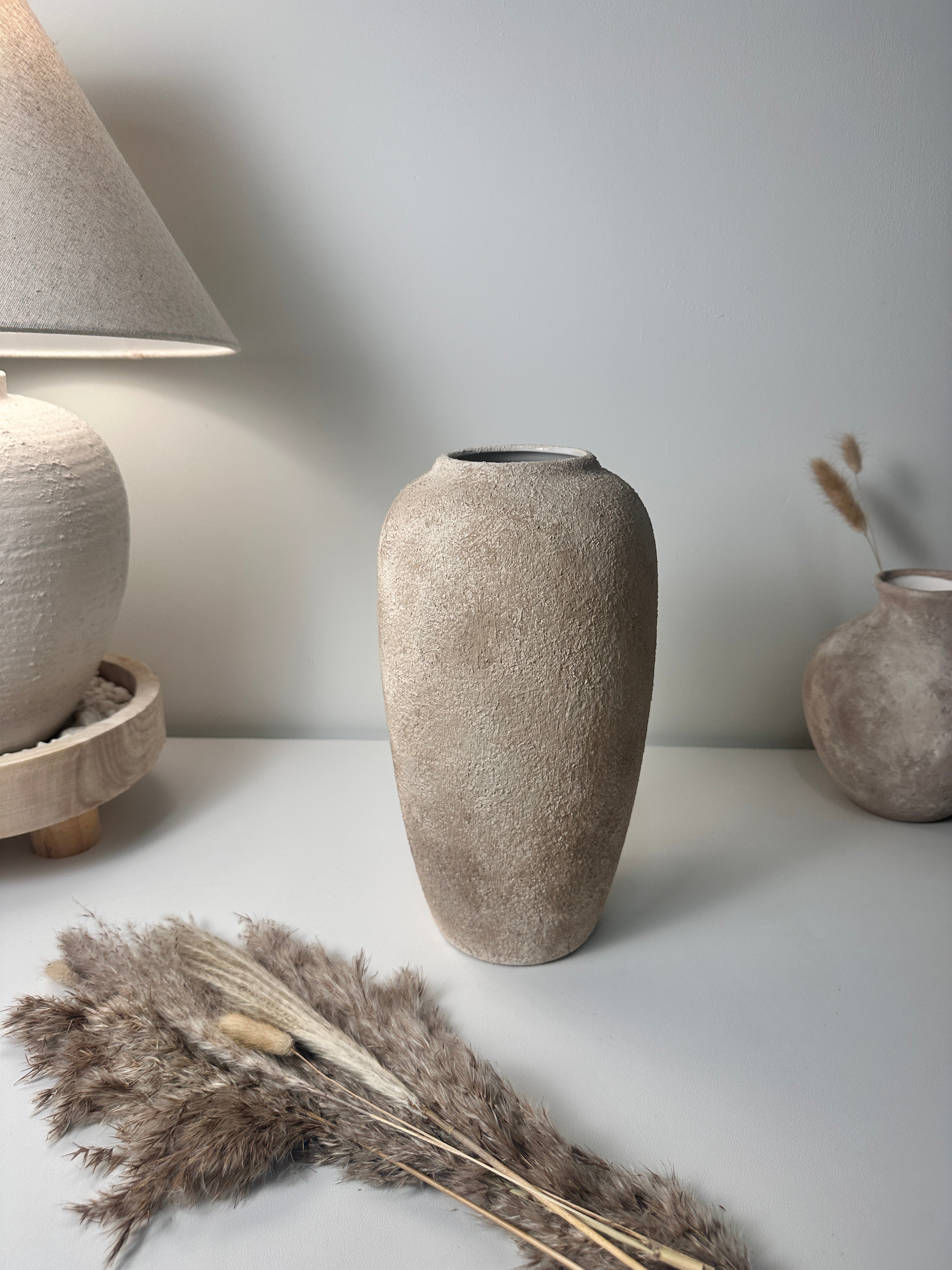 Minimalist Modern Ceramic Vase 12" tall - Hand-Painted light brown beige washed