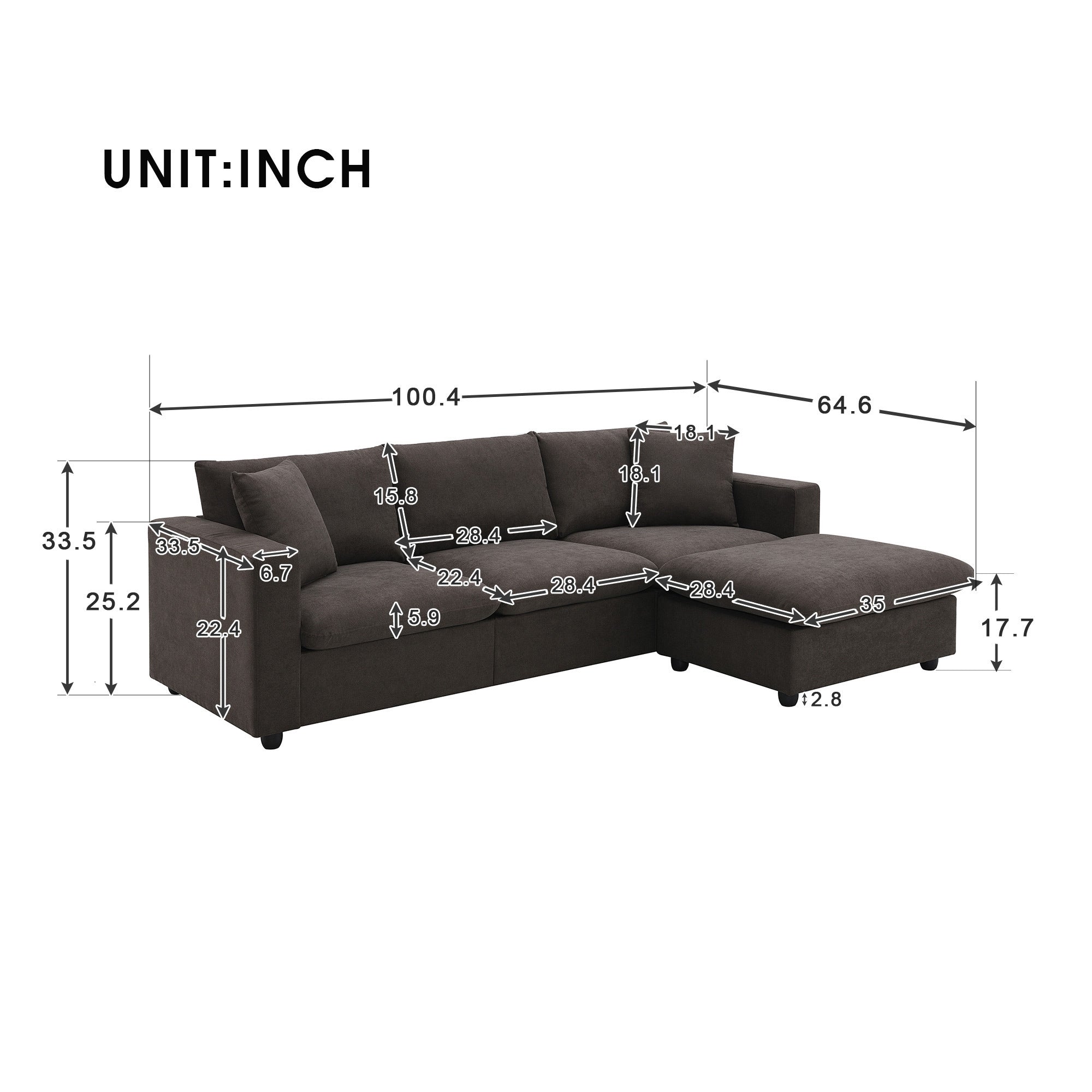100.4x64.6" Modern Sectional Sofa, L-Shaped Couch Set With 2 Free Pillows, 4-Seat Polyester Fabric Couch Set With Convertible Ottoman - Dark Brown