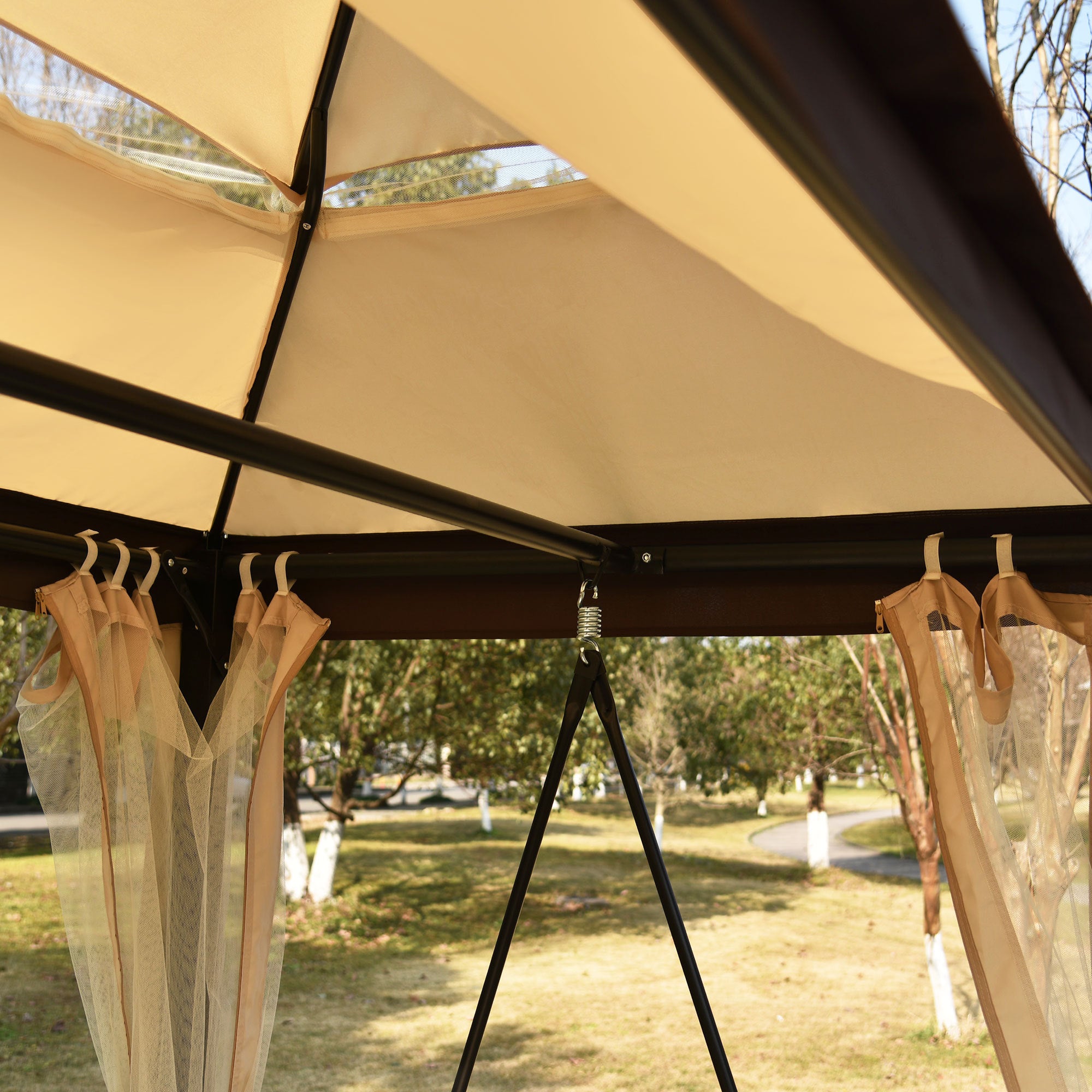 8.9 Ft. W x 5.9 Ft. D Outdoor Gazebo with Convertible Swing Bench, Double Roof Soft Canopy Garden Backyard Gazebo with Mosquito Netting Suitable for Lawn, Garden, Backyard