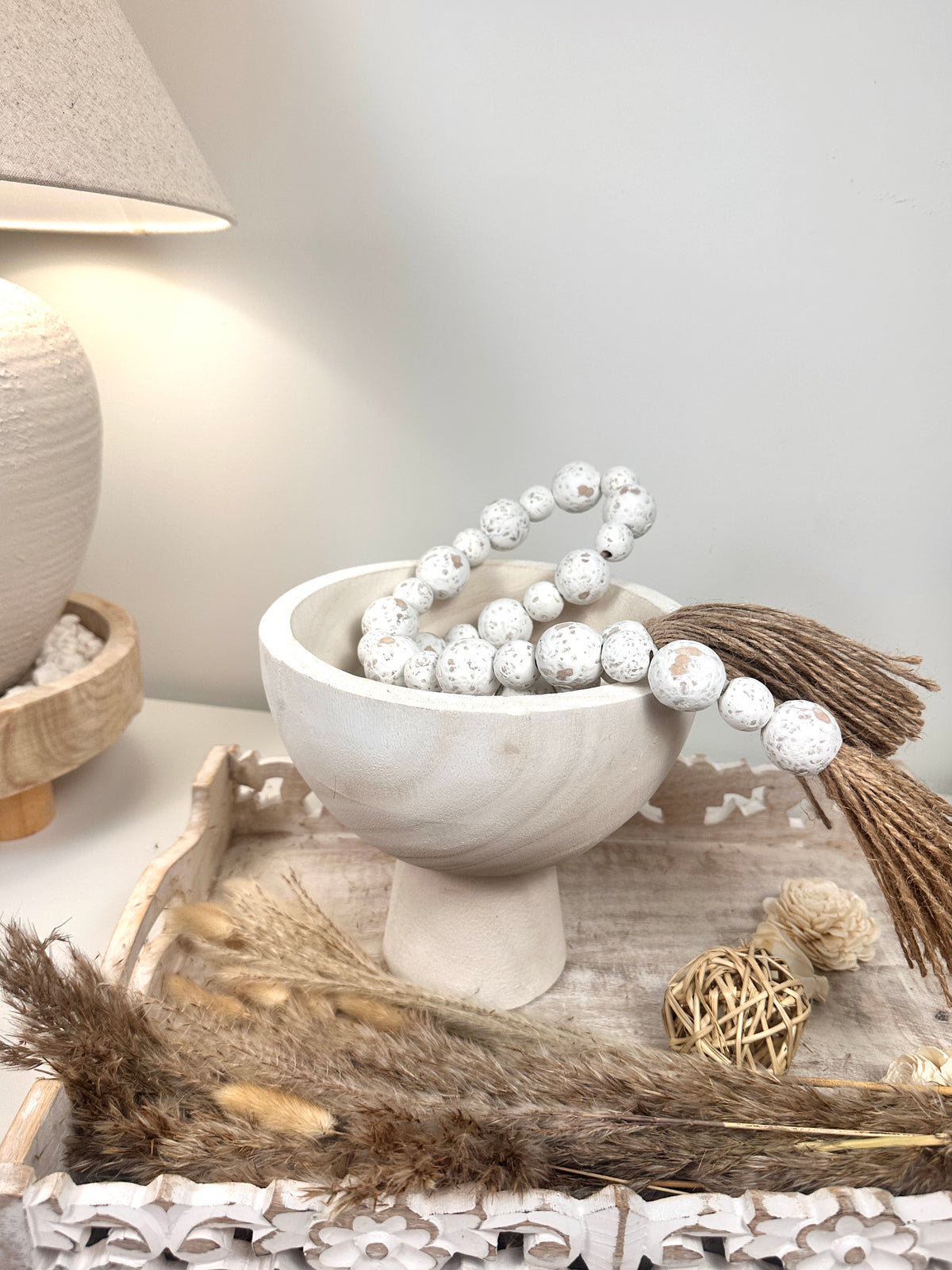 Set of 2 Boho Paulownia Bowl Tray 7"tall Ivory Sand + Wood Bead Garland