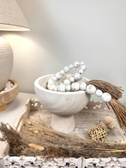 Set of 2 Boho Paulownia Bowl Tray 7"tall Ivory Sand + Wood Bead Garland