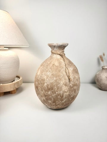 Rustic Hand-Painted Ceramic Round Bottle Vase 15" tall -  Brown Washed