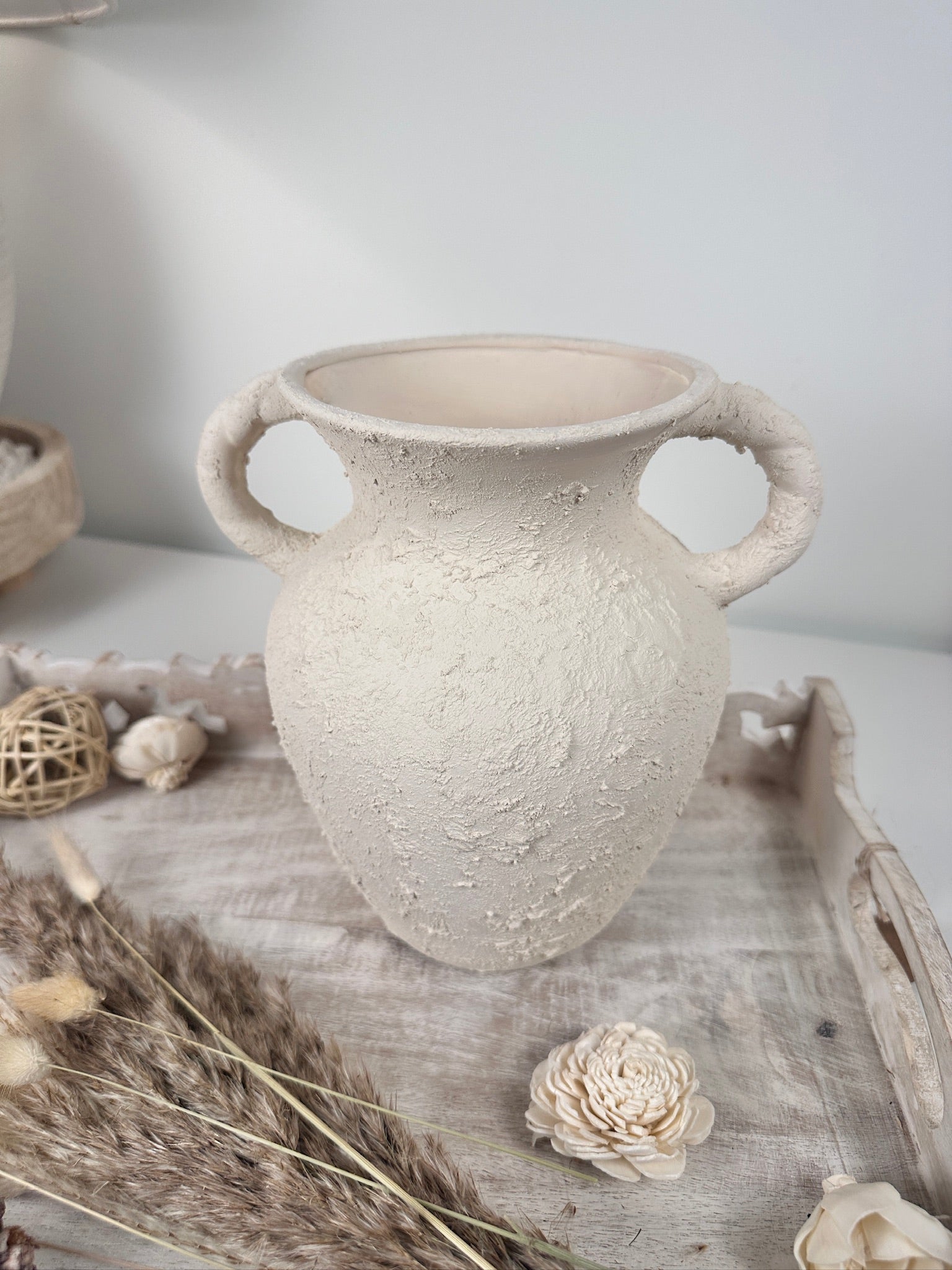 Minimalist Hand-Painted/Textured Ceramic Vase with 2 handles - 9" tall - Cream