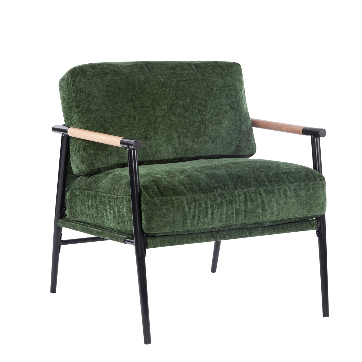 Modern Accent Chair with Plush Cushions, Minimalist Metal Frame, Wooden Armrest Design, Green