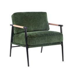 Modern Accent Chair with Plush Cushions, Minimalist Metal Frame, Wooden Armrest Design, Green