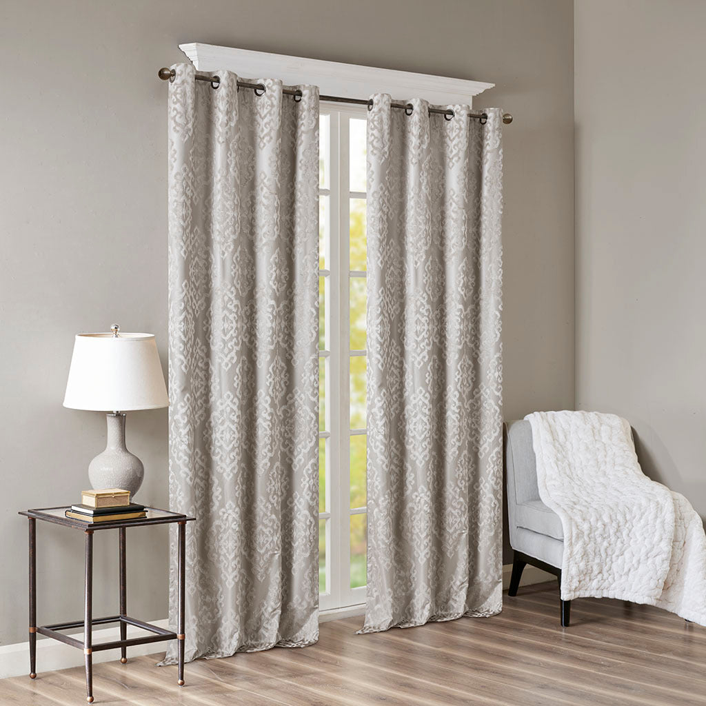 50x95" Knitted Jacquard Damask Total Blackout Grommet Top Curtain Panel - Silver