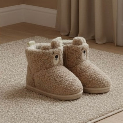 Cozy Winter Sherpa Fleece Bootie Slippers, Plush Lined Indoor House Bear Shoes for Toddlers, Beige