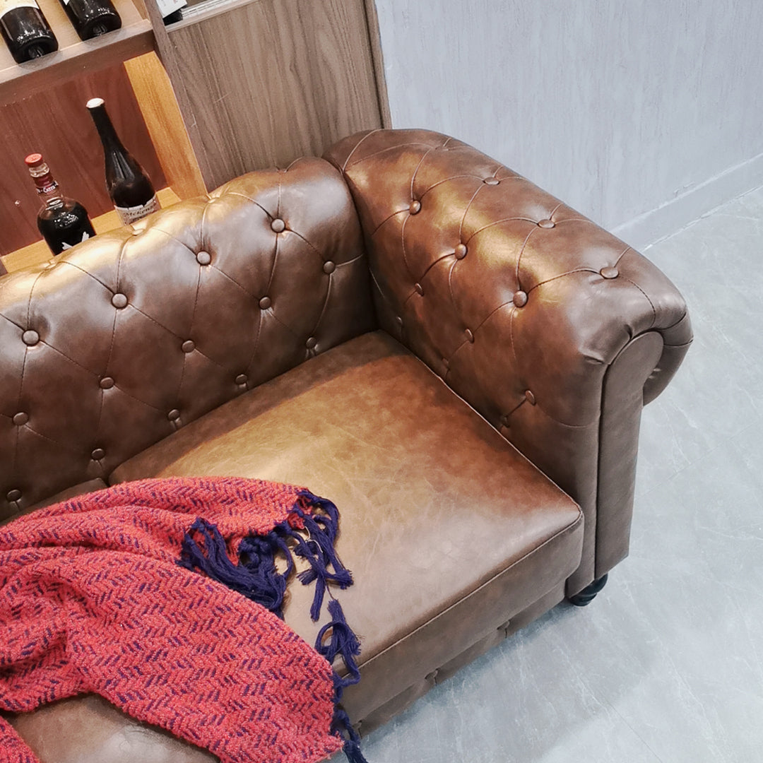 Vintage Style Sofa Button Tufted - PU Brown