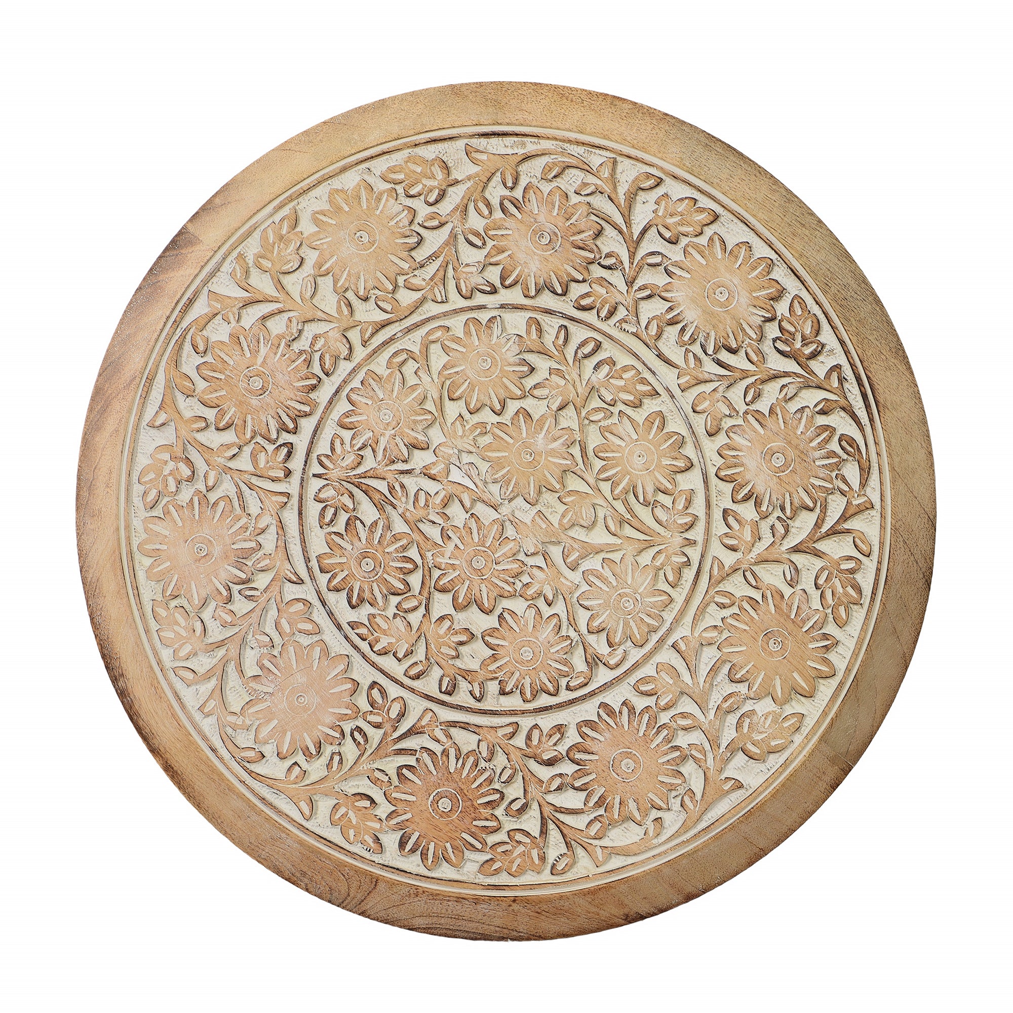 French Style Intricately Carved Round Top Mango Wood Side End Table with Pedestal Base - Natural and White