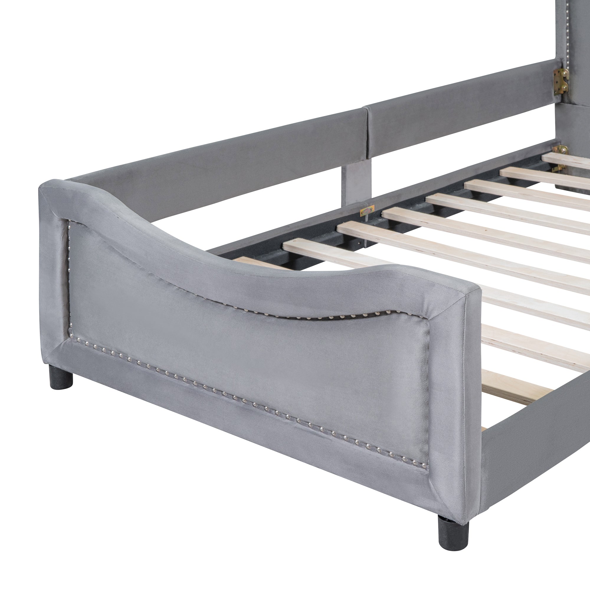 Twin Size Upholstered Daybed with Classic Stripe Shaped  Headboard - Gray
