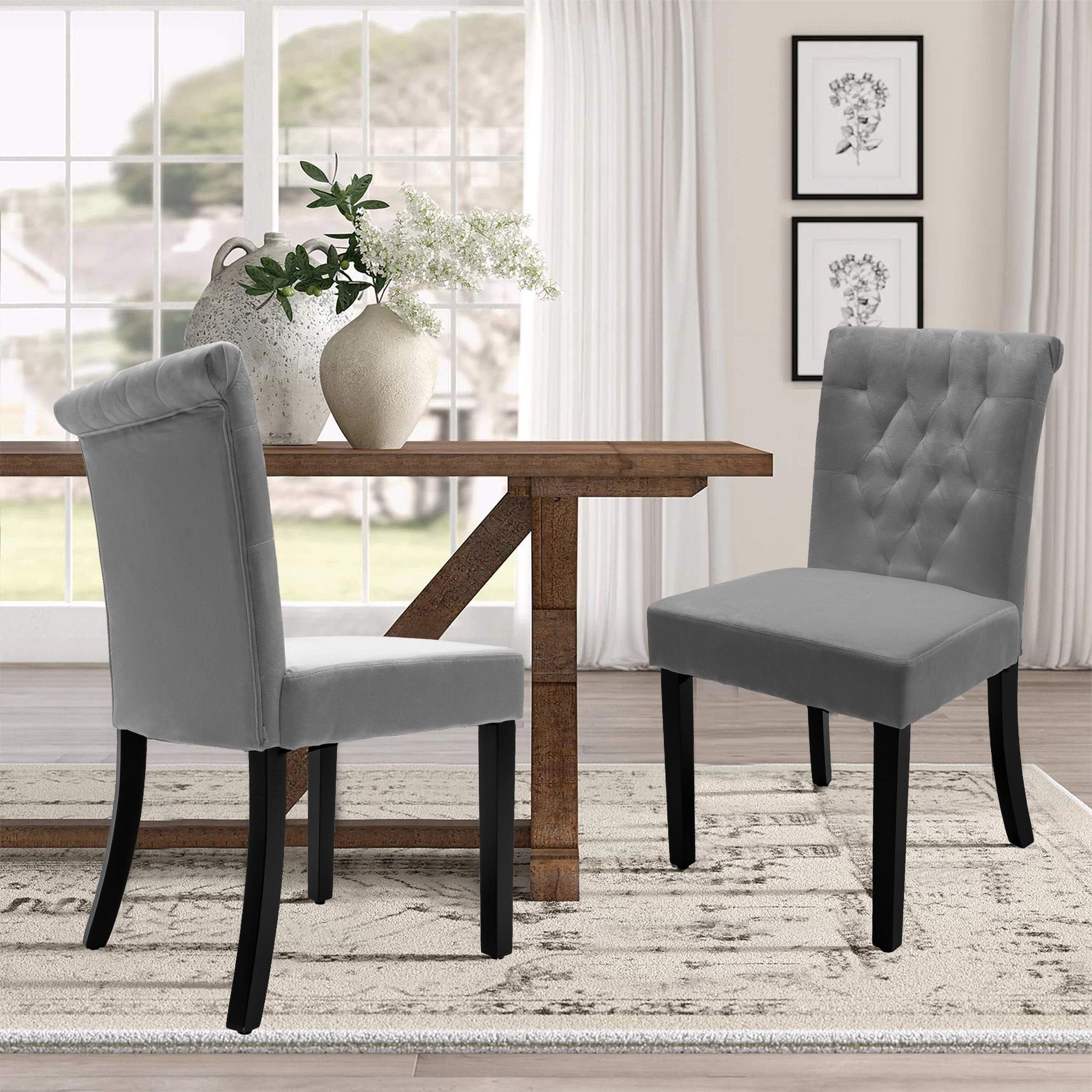 Velvet Dining Chair Set Tufted Heigh Back with Solid Wood Frame Accent Chairs (Set of 2) - Gray