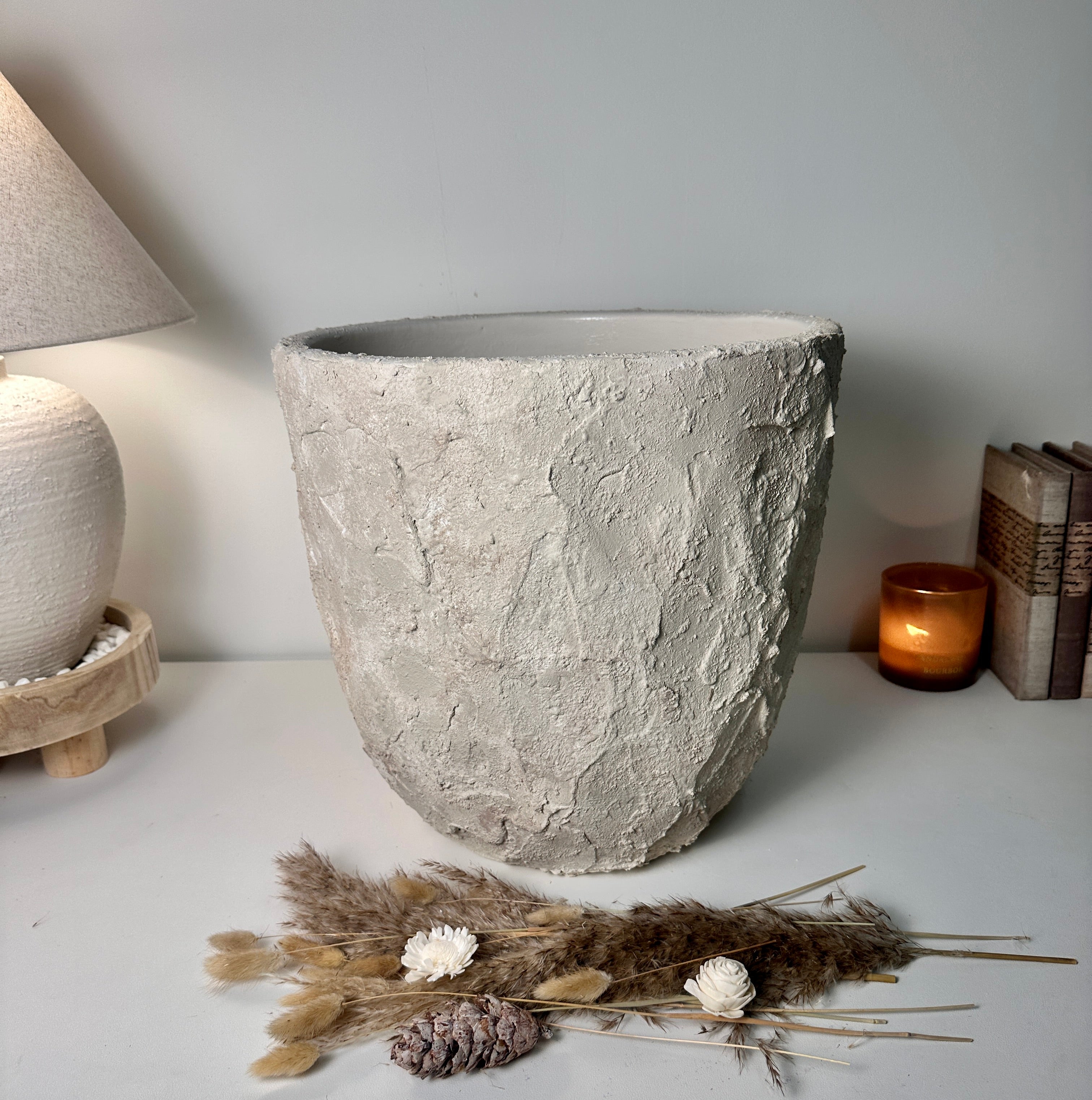Minimalist Hand-Painted & Textured Planter Pot 14" tall with drainage hole one time creation - Cream