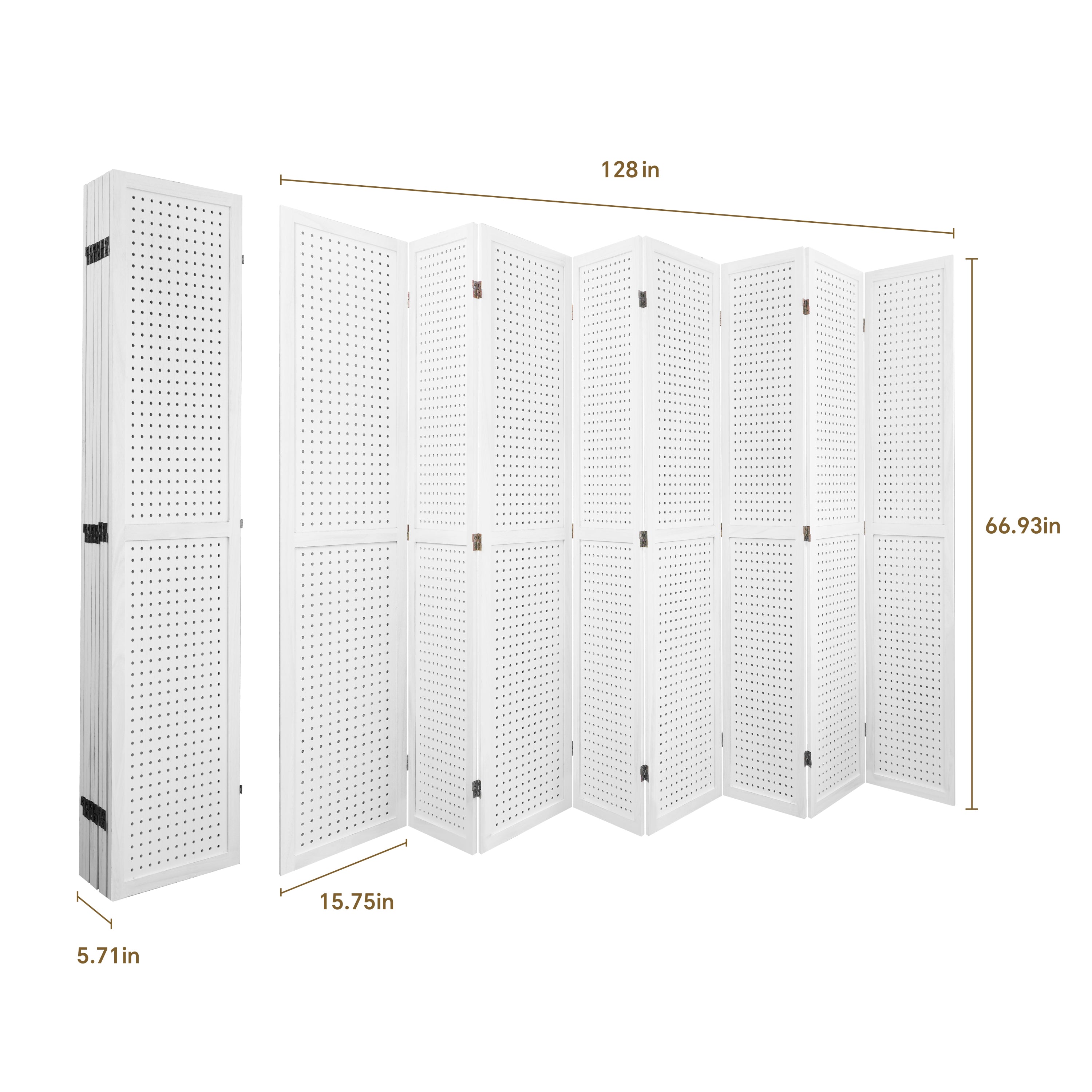 8 Panel Room Divider, 5.6Ft Pegboard Display Wooden Room Divider - Elegant White