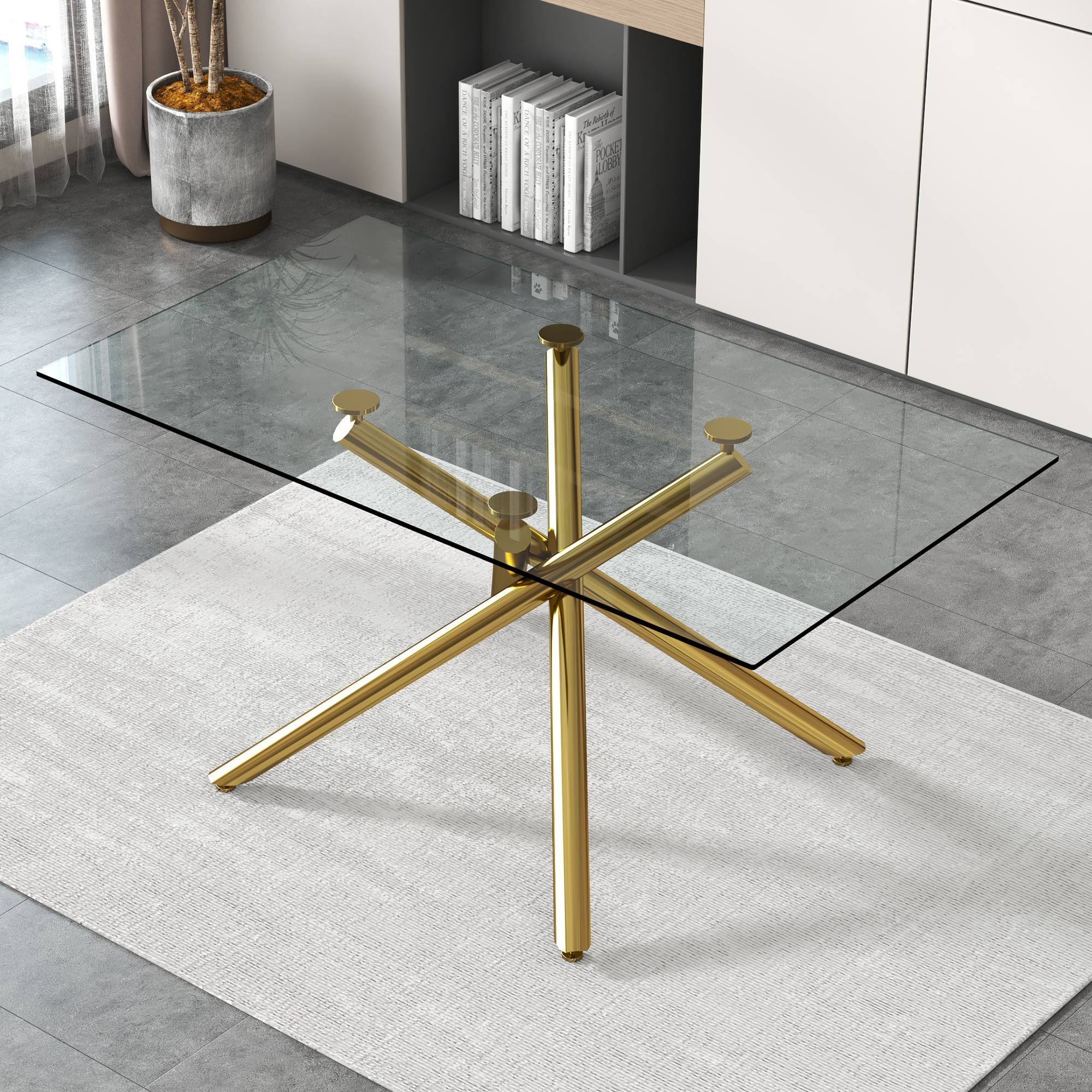 Modern Minimalist Rectangular Glass Dining Table for 6-8 with 0.39" Tempered Glass Tabletop and Silver Chrome Metal Legs - Golden