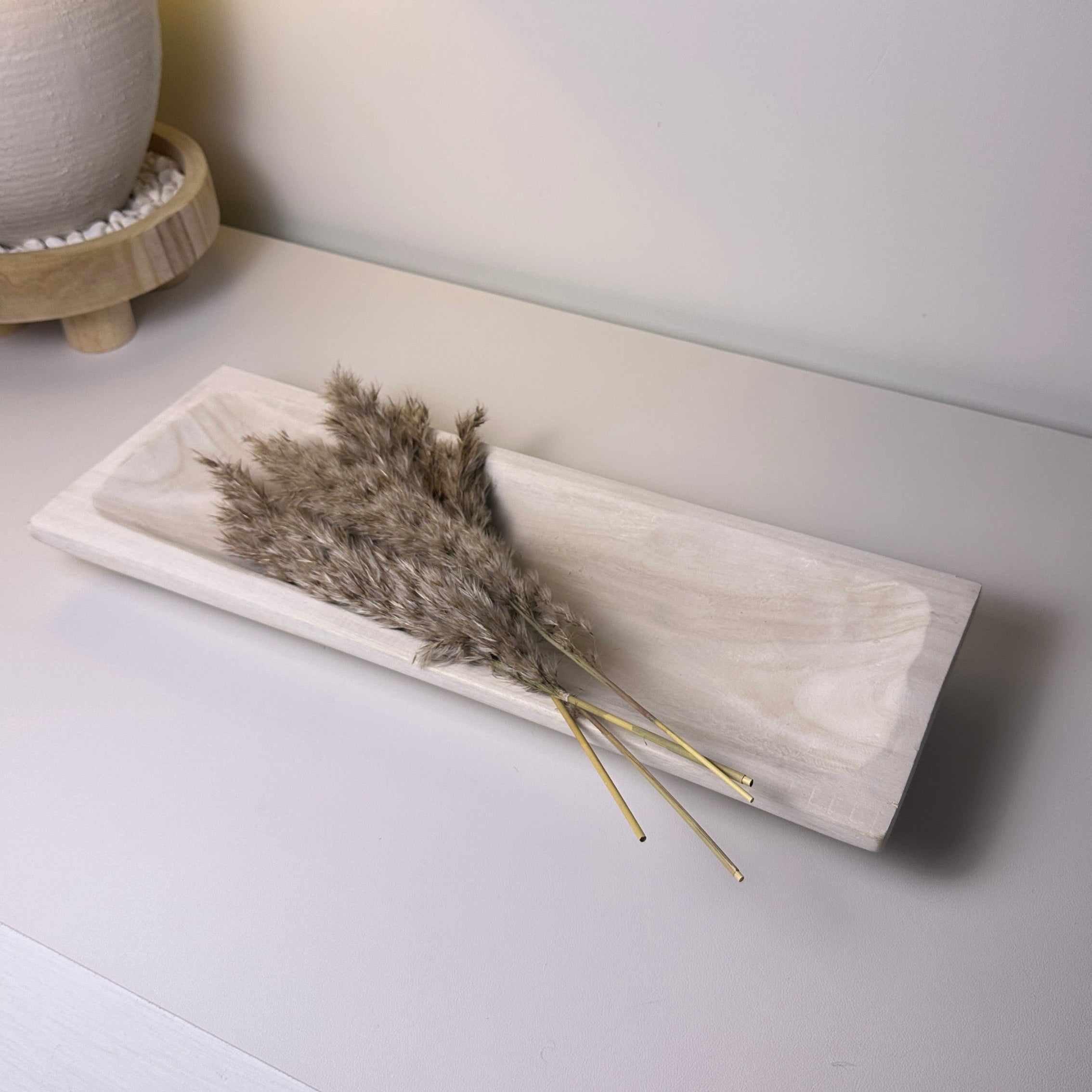 Paulownia Wood Boho Tray 20" long - Ivory Sand Whitewashed