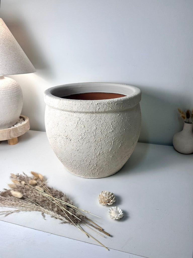 Minimalist Hand-Painted & Textured Planter Pot 12" tall with drainage hole one time creation - Cream